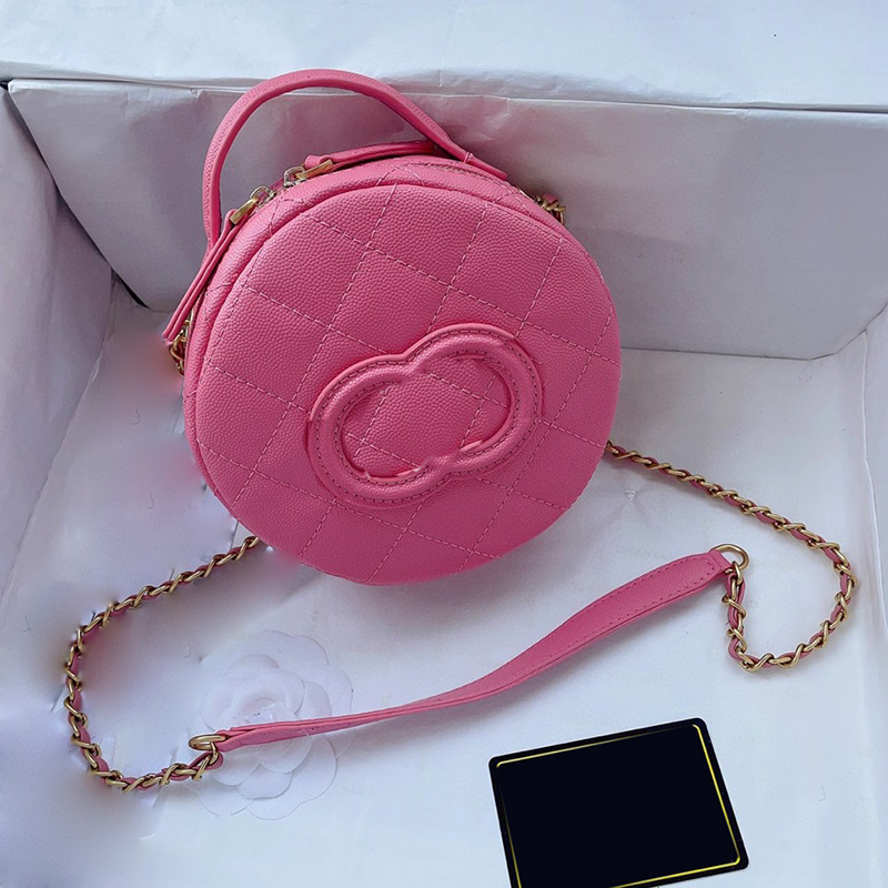 23P Designer Womens Mini Round Bags Black Caviar Leather Quilted Luxury Handbags Gold Metal Hardware Portable Chain Tote French Brand Women Clutc