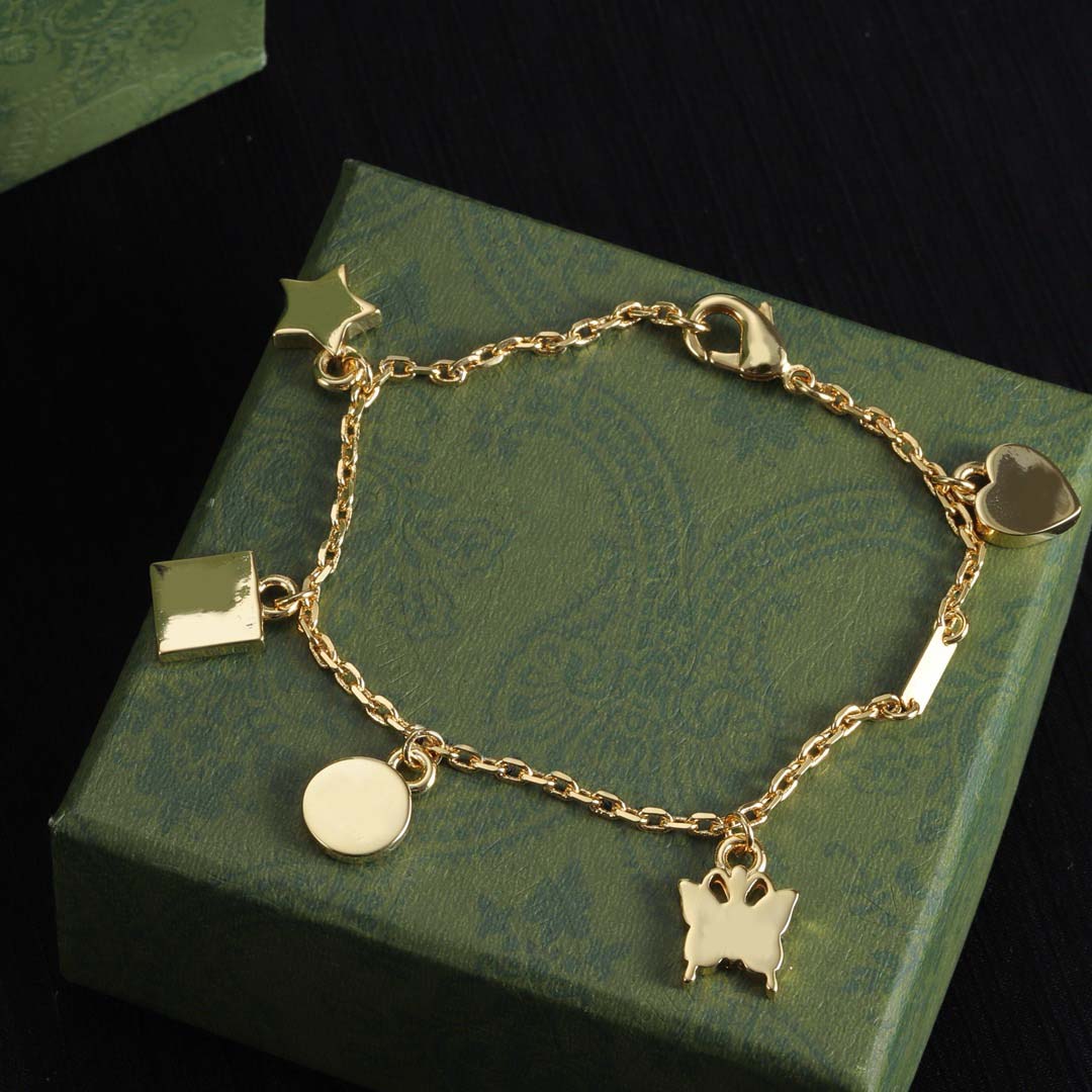 electroplate 18K gold Brass designer bracelet, classic multi-element, geometric circle, square, heart, star, butterfly pendant bracelet, high qua-image-921837345