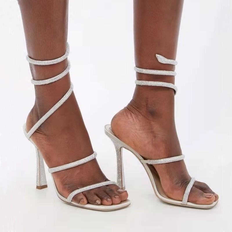 

New rhinestone snake Strass stiletto sandals Rene Caovilla Cleo 10.5cm evening shoes women's high heels square toe ankle wrap luxury designer dance factory shoelace, As pic