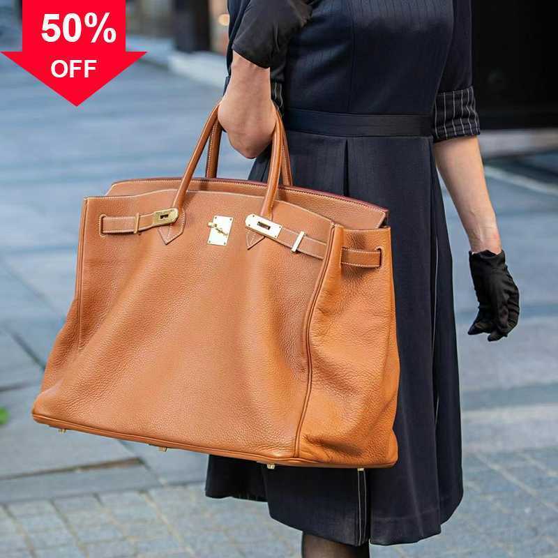 

Luxury Bag Birkin Limited edition travel luggage large men's and women's soft leather large capacity 35 large handbag withA, Golden brown