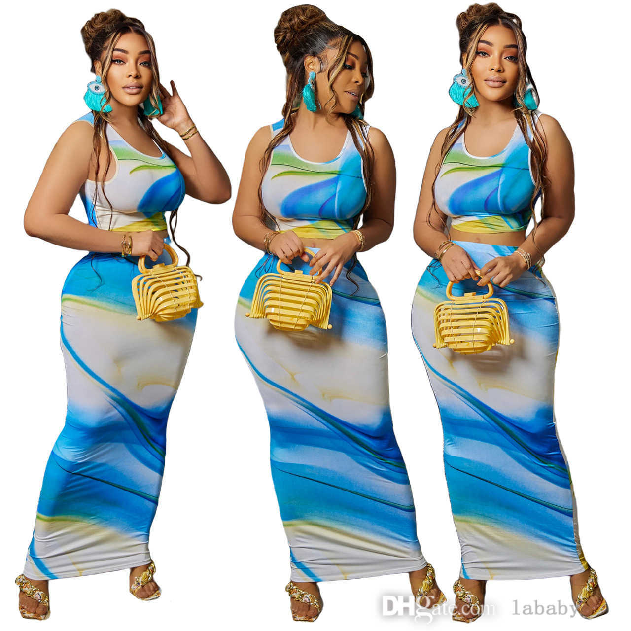 

Two Piece Long Skirts Set Women 2023 Summer Designer Clothing Tie-Dye Printed Slim Sexy Sleeveless Short Vest Skirt 2 Piece Dress Set, Sky blue