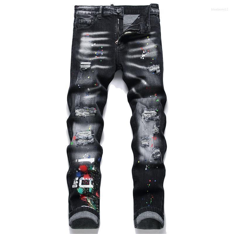 

Men's Jeans Mens Fashion Tide Brand Swinging Ink Pants Washing Worn Out Torn Paint Locomotive Pants, 1347
