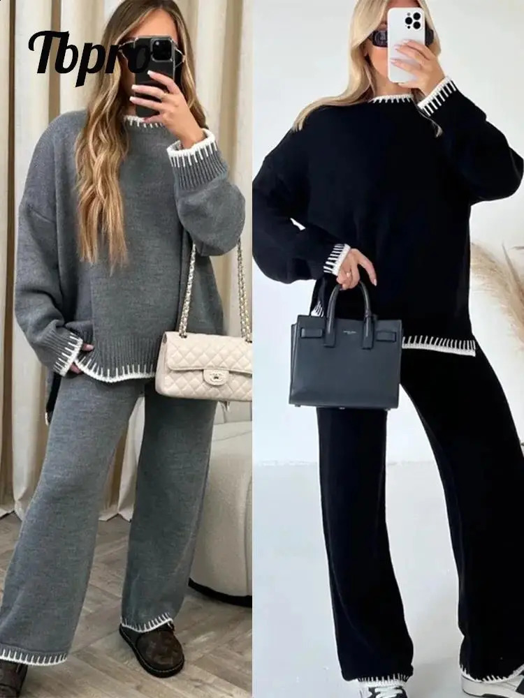 Womens Two Piece Pants Fashion Stripe Knitted Set Elegant ONeck Split SweaterHigh Waist Straight Trouser Autumn and Winter Warm 231118