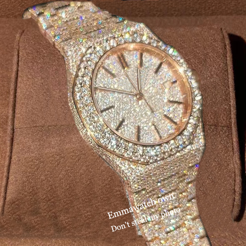 

2023 New Styles VVS Moissanite watch iced out wristwatch pass test top quality ETA luxury sapphire watches Rose Gold case automatic iced out shiny emmawatch, 01 moissanite watch with box