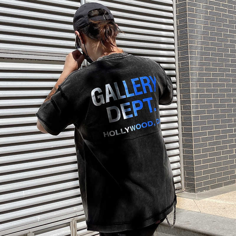 

Fashion Designer Clothing Galleryes Depts Tees Tshirt American-style Garment Wash Gradient Blue Letter Printing High-street Fashion Brand Summer Short-sleeved Men, Wash black