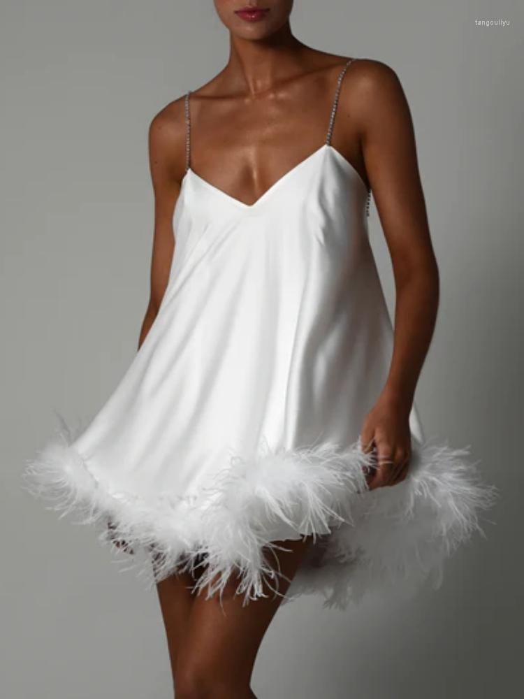 

Casual Dresses Sexy Diamond Chain Spaghetti Strap Feather Mini Dress Women White V Neck Backless Loose Club Evening Party, Black