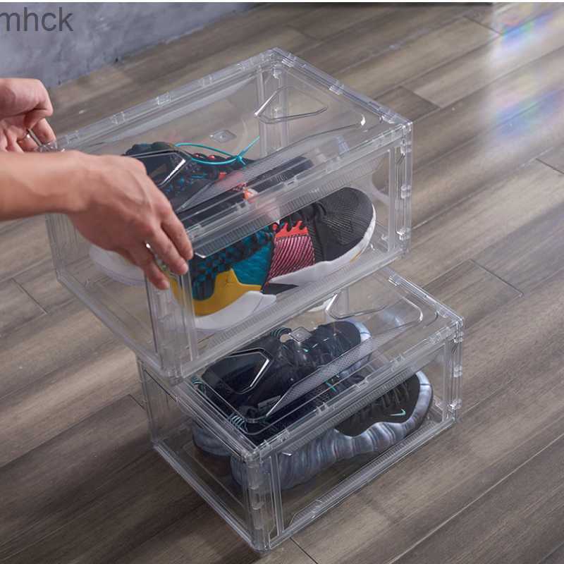

Storage Boxes Bins Fashion Shoe Box Magnetic Suction High Light Transmission Transparent Basketball Shoe Box Foldable Sneaker Storage Box Shoe Rack, Sky blue