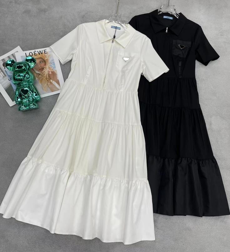 

Designer Triangle Label Nylon Lapel luxury Party Dress Fashion Vintage Patchwork Cake Skirt Hemline Short Sleeved Long Skirt, Black