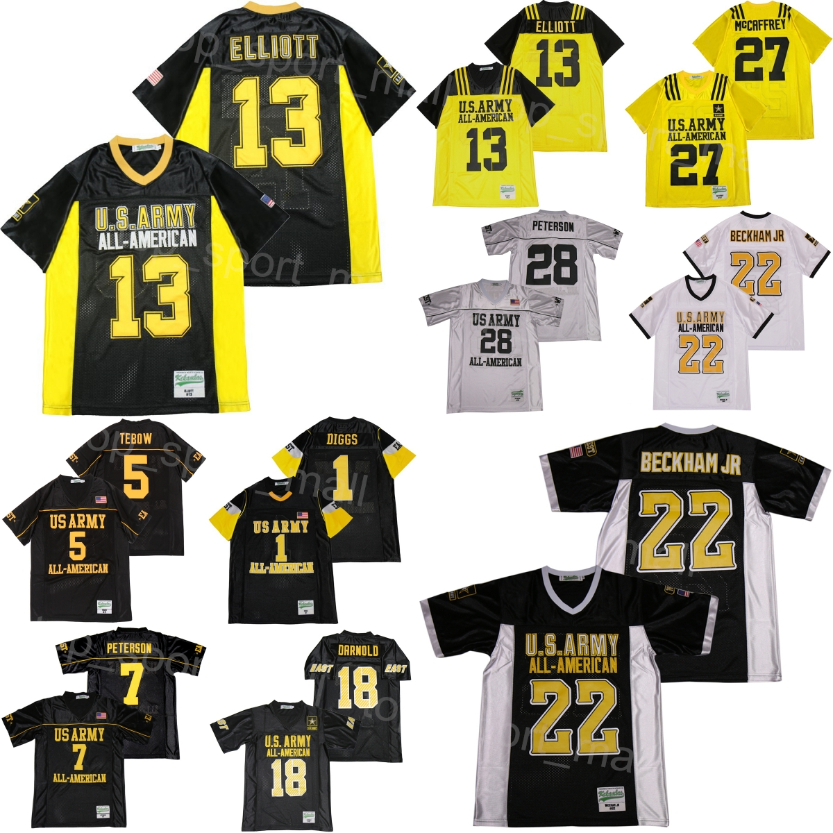 

Moive Football US ARMY Jersey All American Bowl 13 Ezekiel Elliott 18 Sam Darnold 27 Christian McCaffrey Adrian Peterson Patrick Peterson Odell Beckham Tim Tebow, 7 black
