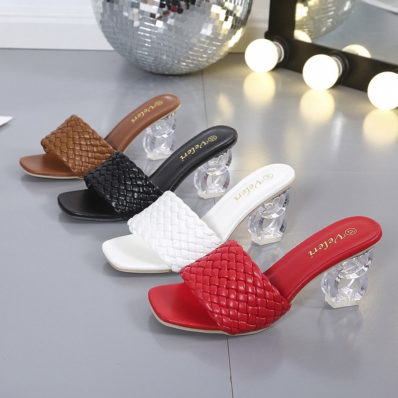 

Slippers Summer Weave Crystal Heel Women's Open Toe Slides Casual Ladies Shoes Slip On Beach Sexy Pumps Muller Size 3541 230419, Black