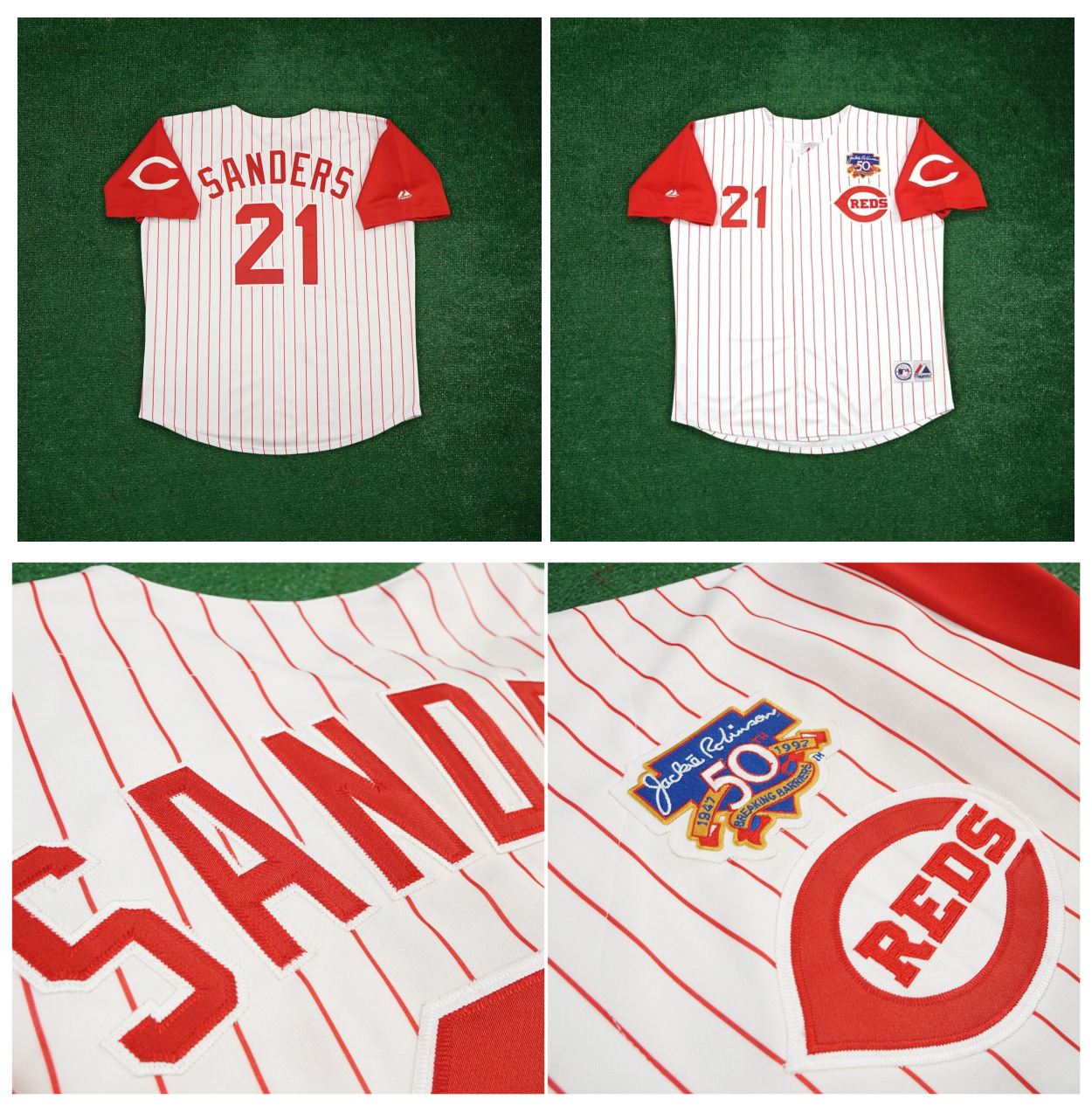 

Reds Deion Sanders Baseball Jerseys 1997 Cincinnati Home White Jersey w/ Jackie 50th Patch Size S-4XL, As pic