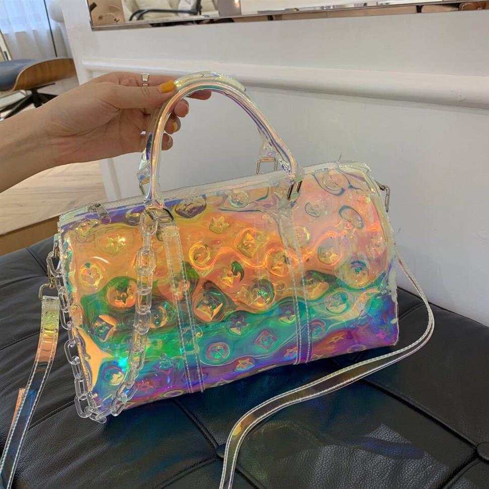 

All-match Sports Gym Bag Transparent Embossed Boarding Luggage Portable Colorful Laser Travel Bags Large Capacity Whole2987, Aspic