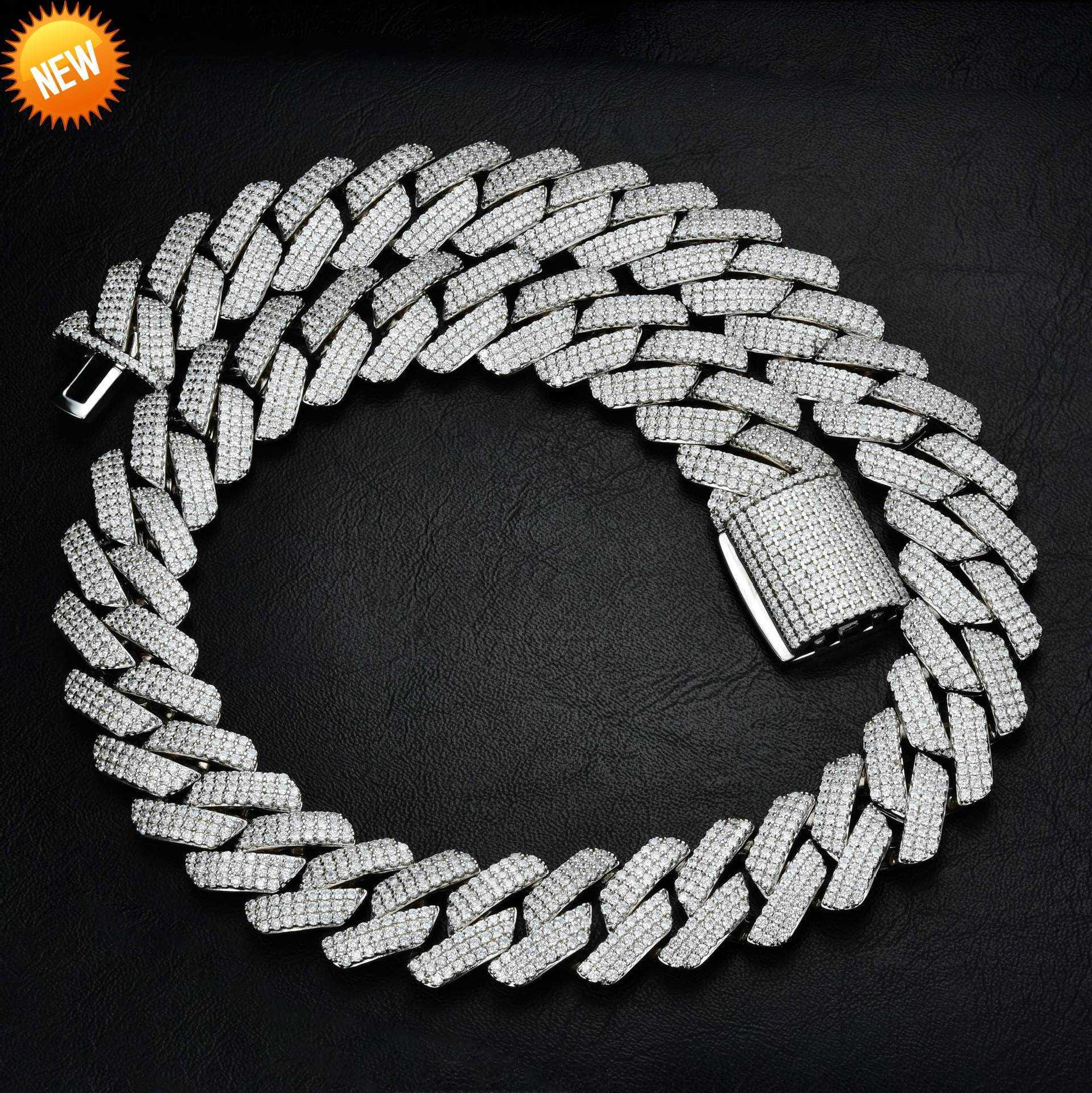 

Hip-hop Cuban chain full diamond 925 sterling silver gold-plated necklace 19mm thick fashion hiphop necklace