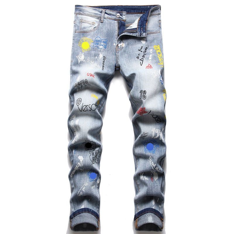 

Jeans Men's Designer European Jean With VE Letter Men Embroidery Patchwork Ripped For Trend versache Brand Motorcycle Pant Mens Skinny Hip Hop With versaces Hole Blue Jeans