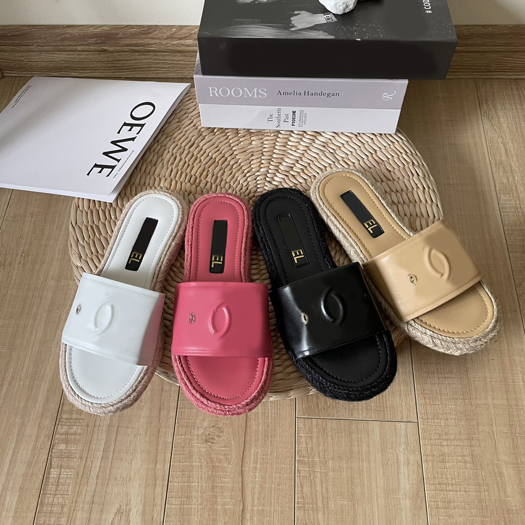 

Interlocking C Embossed Lambskin Slippers Women Raffia Straw Mules Slip On Slides Platform Branded Sandals Espadrille Flats Flip Flops Thick Bottom Clogs, 102974