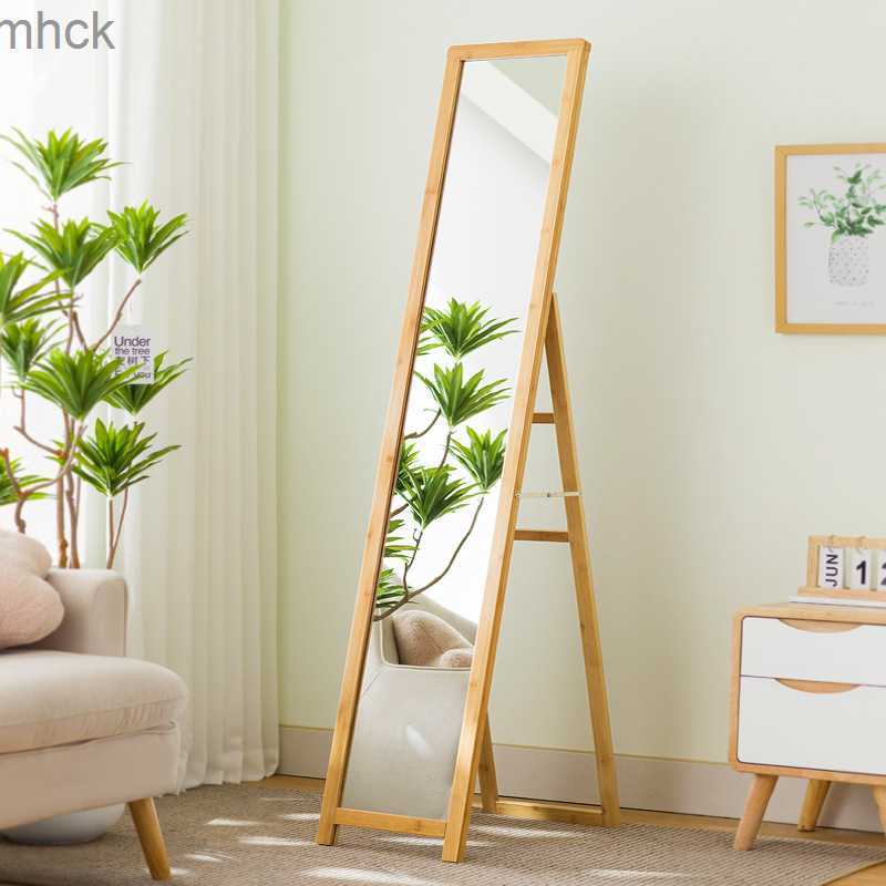 

Solid wood dressing mirror full body mirror floor mirror household fitting mirror bedroom dormitory movable with hanging hanger integrated