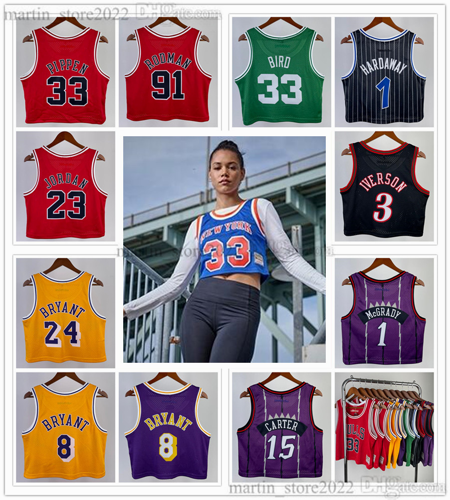 

Women Sexy Midriff-baring Basketball Jerseys 23 Michael Allen Iverson Pippen Rodman Larry Bird Vince Carter Tracy McGrady Hardaway Bryant Vintage Mitchell & Ness, Red