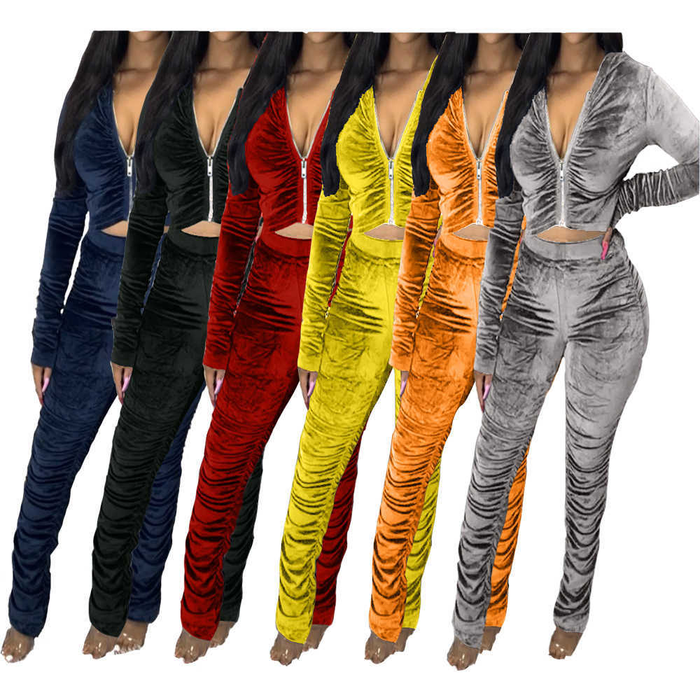 Women's Tracksuits Winter Velvet Stacked Women's Set Zipper Hoodies Ruched Pants Set Sport Tracksuit Two Piece Outfit Active Sweatsuit-image-859879999