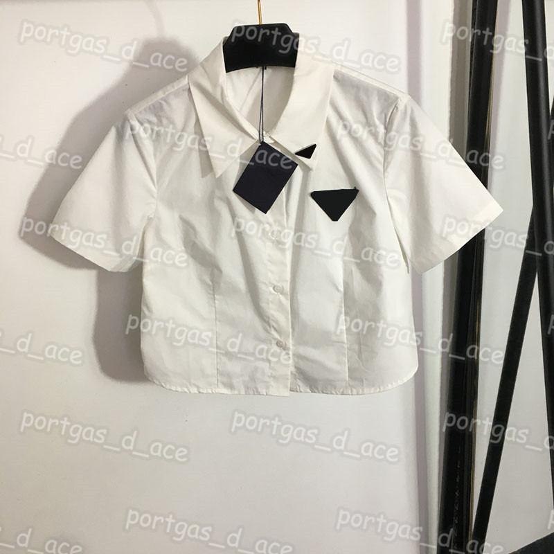 

Women Cropped T Shirt Short Sleeve Lapel Blouse Summer Fashion Girl Ladies Blue White Shirts, Blue with label#20232172