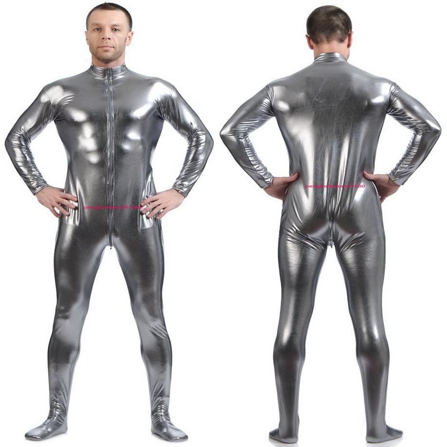

Men's Body Suit Costumes Front Long Zipper Silver Grey Shiny Lycra Metallic Men Catsuit Costume Outfit No Head Hand Halloween2811
