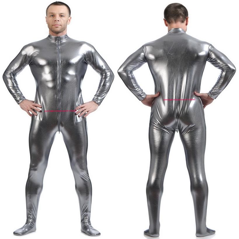 

Men's Body Suit Costumes Front Long Zipper Silver Grey Shiny Lycra Metallic Men Catsuit Costume Outfit No Head Hand Halloween273s
