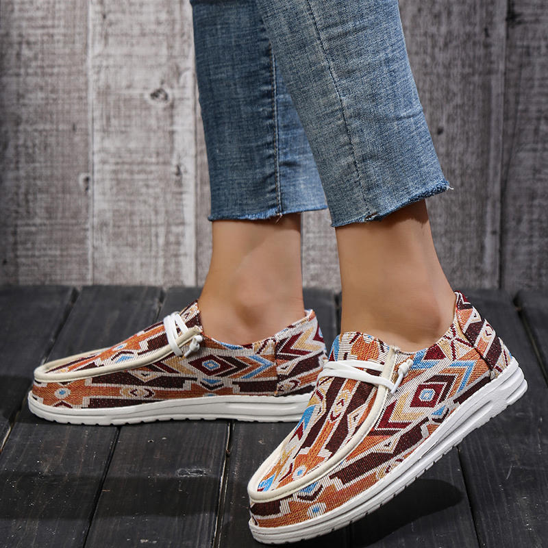 

Sandals Boho Jacquard Sox Shoes Woman Chic Canvas Sneakers Ladies Stretch Loafers Ultralight Flat Lazy Boat Zapatos 230419, Black print