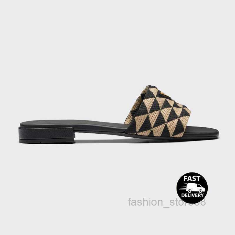 

Black Beige Embroidered Fabric Slides Slippers Multicolor Embroidery Mules For Woman Home Flip Flops Sandals Leather Flat Slide Rubber Sole Summer Beach