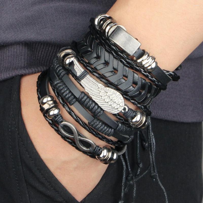 

Bangle 6Pcs/Set Fashion Black Punk Viking Leather Bracelet For Men Hand Woven Skull Jewelry Adjustable Set Pulsera Hombre