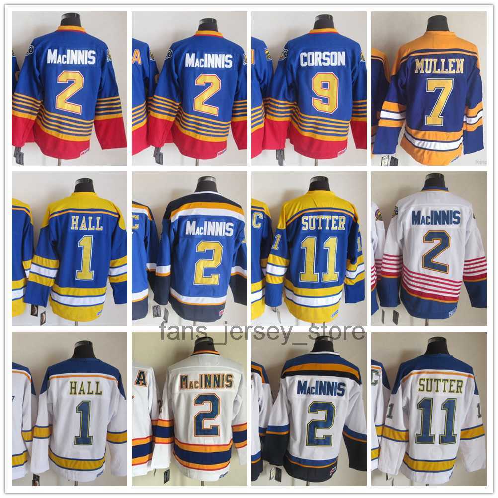 

St. Louis''Blues''New Retro Ice Hockey Jerseys 2 AL MacINNIS 1 Glenn Hall 9 Shayne Corson 7 Joe Mullen 11 Brian Sutter Stitched Jersey, Same as picture (with team name)