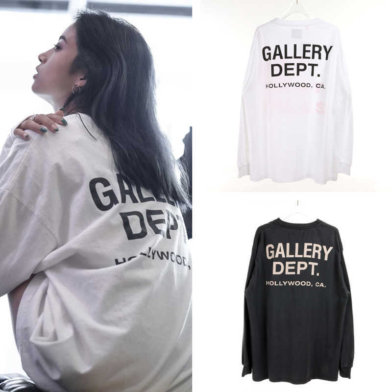 

Fashion Designer Clothing Tees Rock Tshirt Galleryes Depts Double Sided Barrel Woven Long Sleeved T-shirt High Street Wash Used Couple Bottoms Loose Personality, Sand washing white