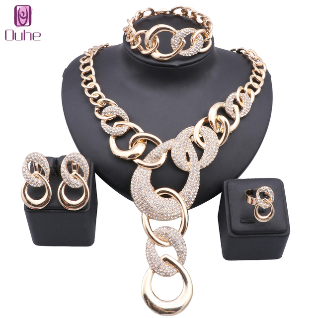 

Dubai Crystal Jewelry Set Design for Women Wedding Bride Necklace Brazili Gold Color Collor Party Gift Earrings Bracelet Ring