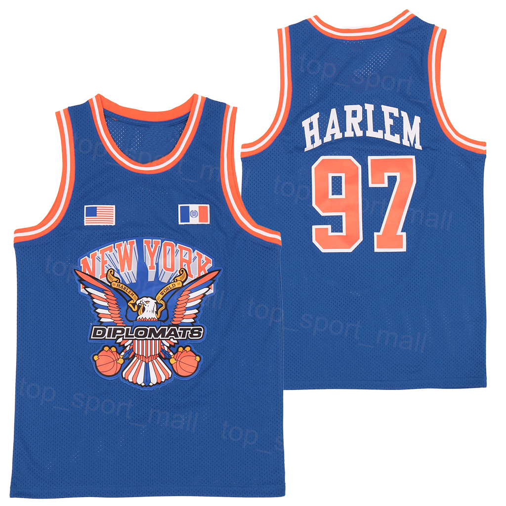 

Moive THE DIPLOMATS X 97 Harlem Basketball Jersey Men Vintage Breathable Pure Cotton Pullover Team Color Blue Retro For Sport Fans Embroidery Shirt Uniform, White