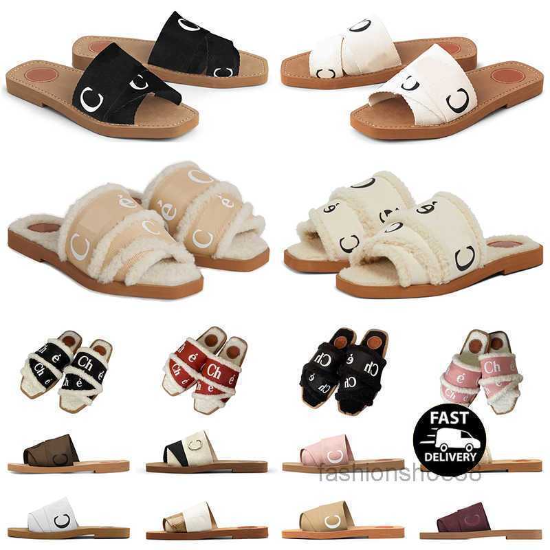

men women slides sandals designer slippers Woody flat mule in canvas shearling-lined White Black Grey Green fur mens summer sandal fashion, Item #6