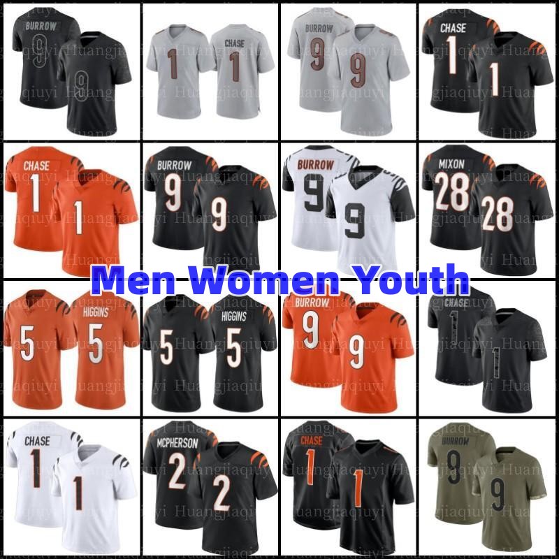 

5 Tee Higgins 9 Joe Burrow Football Jerseys Evan McPherson 1 Ja'Marr Chase Joe Mixon Logan Wilson Sam Hubbard Cincinnati Bengals Tyler Boyd Daxton Hill mens women youth, Men jersey