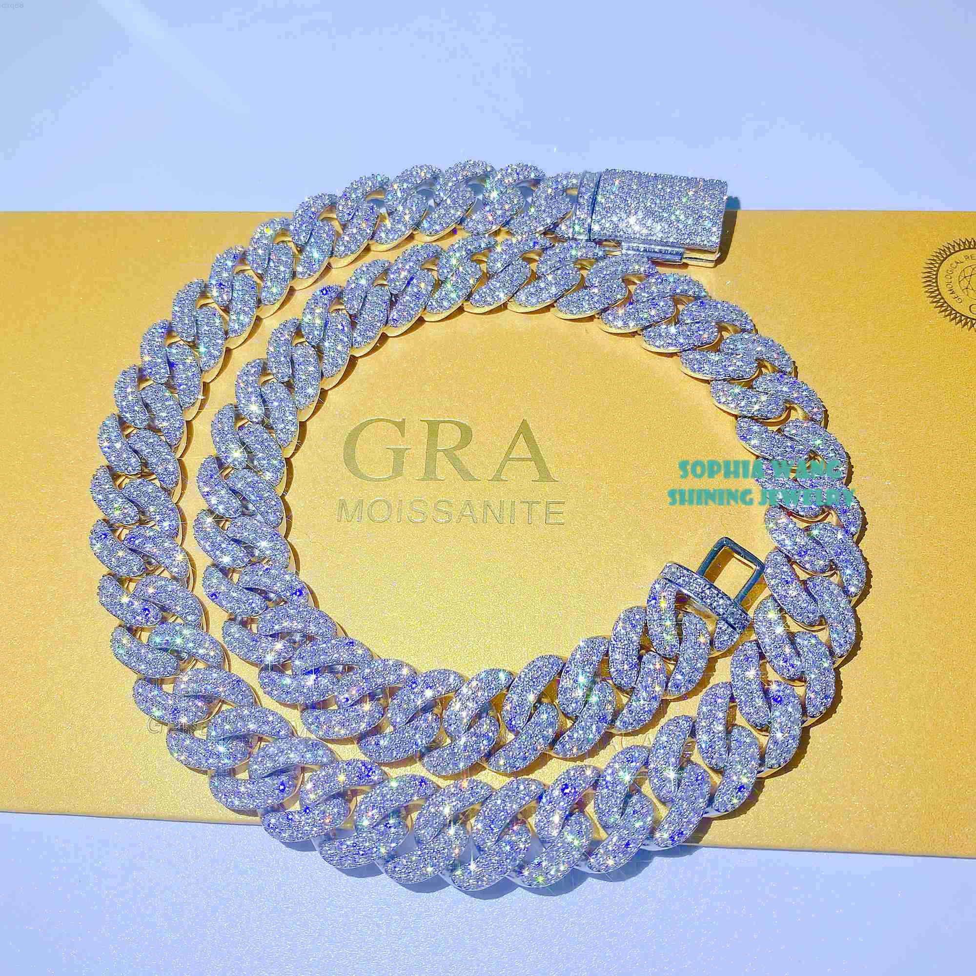 

Iced moissanite pass diamond tester necklace 15mm 2row heavy miami moissanite diamond miami cuban link
