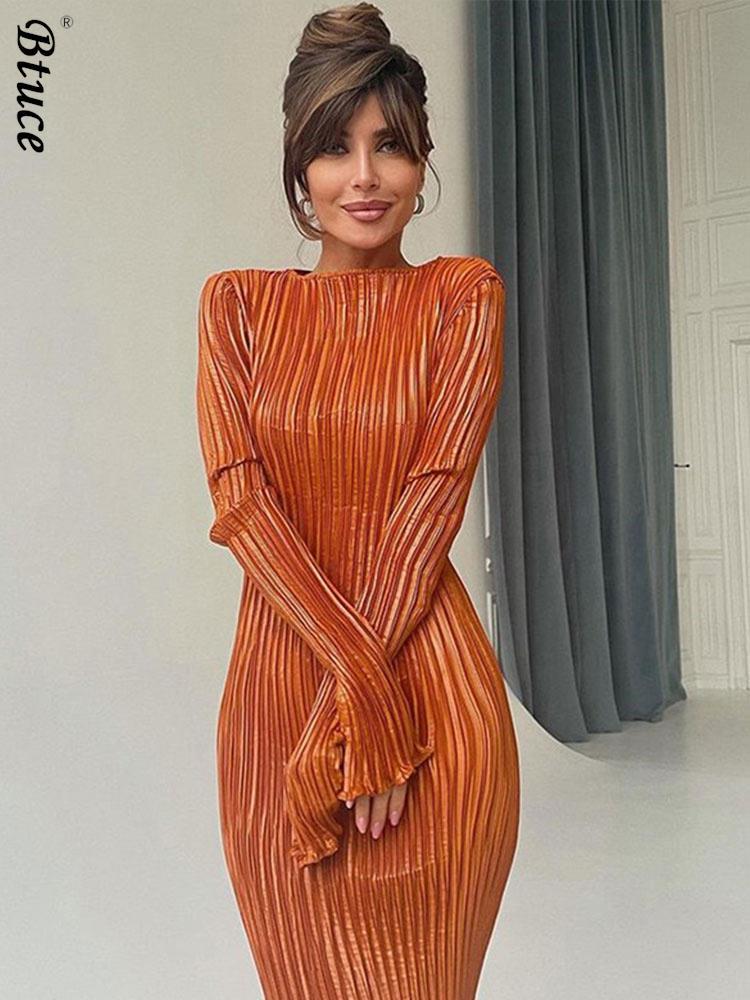 

Dresses Basic Y2K Orange Maxi Bodycon Dress Autumn Summer Elegant Long Sleeve Pleated Dress 2022 Slim Plisse Casual Dresses Women