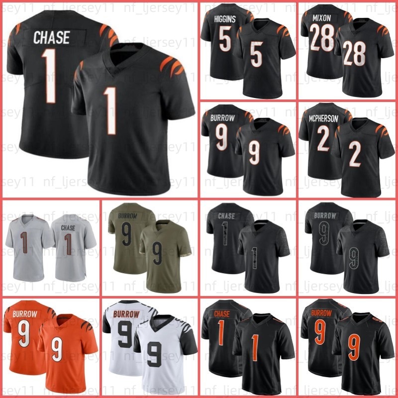 

Joe Burrow Football Jersey Evan McPherson 1 Ja'Marr Chase Mixon 5 Tee Higgins Logan Sam Hubbard Tyler Boyd Trey Hendrickson Daxton Hill Chris Evans Bates II, Men jersey