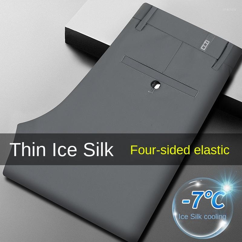 

Men's Suits Summer Thin Men's Elastic Ice Silk Draping Casual Pants Breathable Business Straight Length, A55128 dark blue
