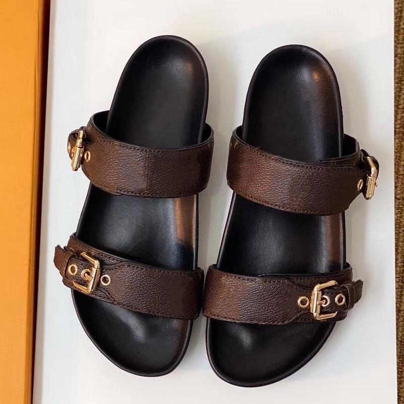 

luxury brand Sandals Bom Dia Flat Mule Cool Effortlessly Stylish Designer Slipper Slides 2 Straps with Adjusted Gold Buckles Women Summer outdoor Fashion Slippers, With box