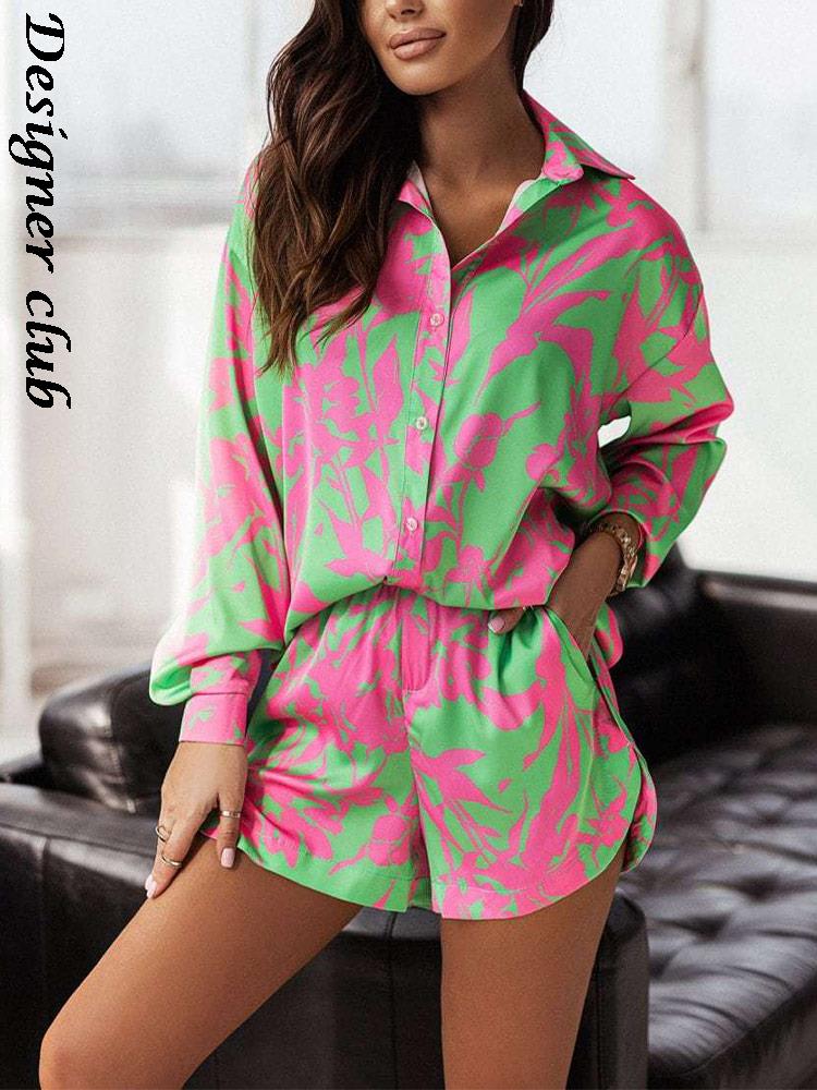 

Women's T Shirts Print Shorts Suits Woman Vintage Long Sleeve Shirt And Short Pants Suit Two Piece Set Female Casual OutfitWomen's, Yellow