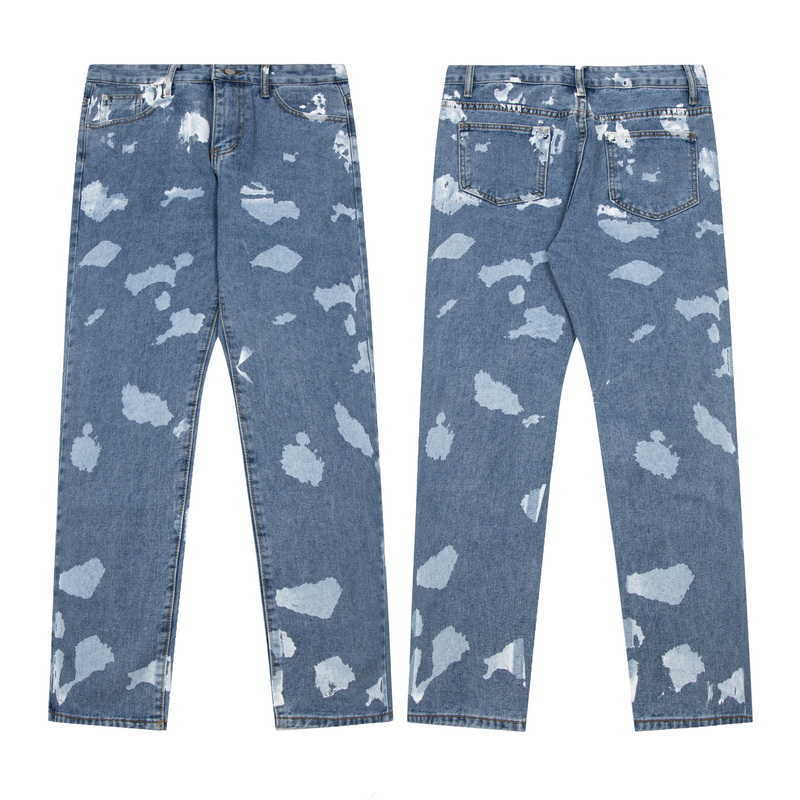 

Fashion Designer Clothing Galleryes Depts Jeans Pant High Street American Cloud and Mist Graffiti Wash Garment Wash Men's Light Blue Straight Leg Jeans Fashion Label