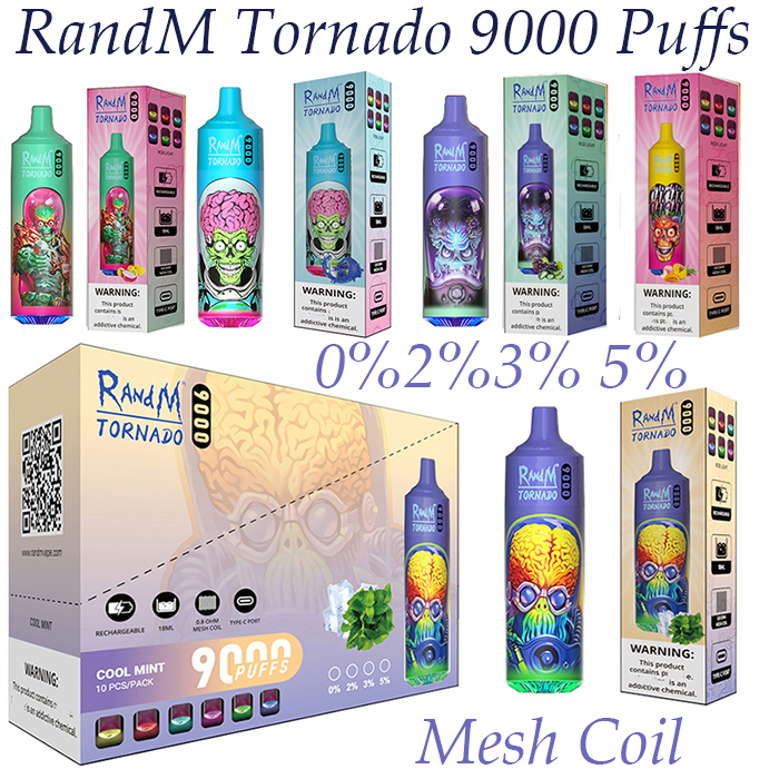 

Authentic RandM Tornado Vape Disposable E-cigarettes 9000puff Pen 18ml Pod 850mah Rechargeable Battery Mesh Coil 0% 2% Puff 9000 3% 5% desechable 38 Flavors Available