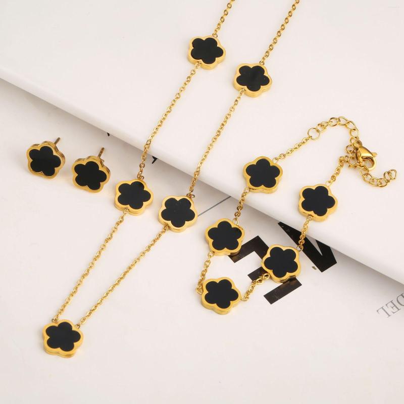 

Necklace Earrings Set ALTERA 2023 High Quality Stainless Steel Luxury Five Leaf Flower Pendant Jewelry Set/3pcs For Women Clover Bracelet, Picture shown