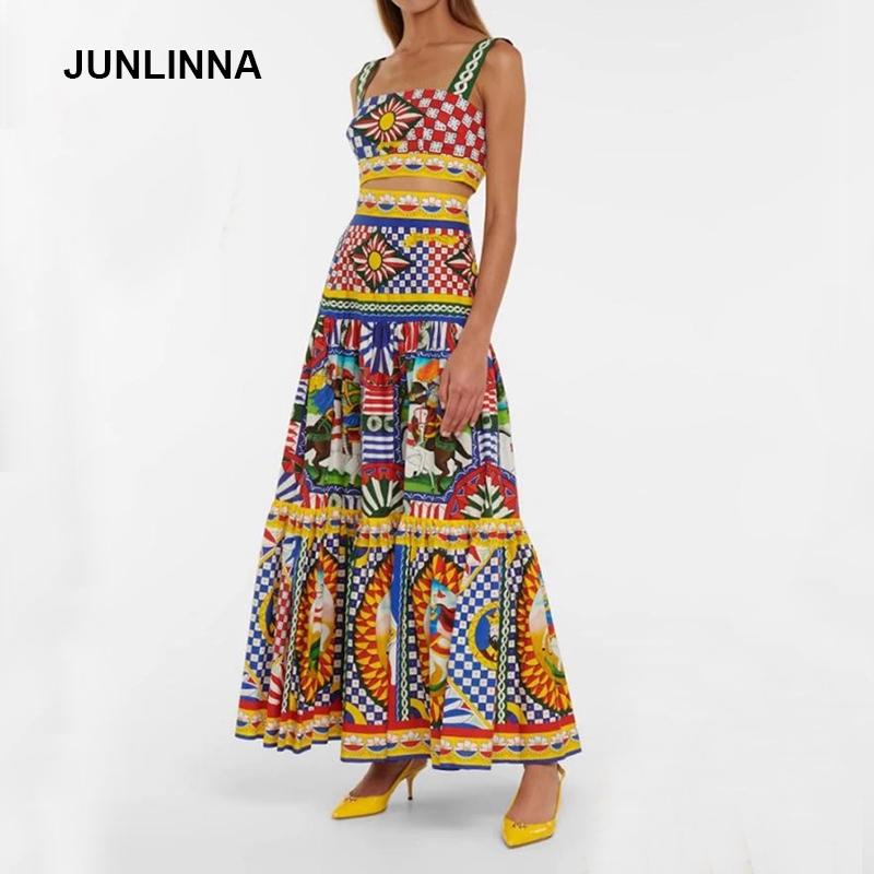 

Dress JUNLINNA Women's Two Piece Sicily Set Beach Holiday Summer Spaghetti Strap Crop Top+Ankle Length Skirt Vintage High Street Wear, In set