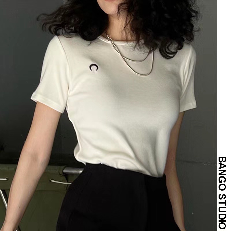 

Girls Summer Women T T-Shirt Shirt Woman Clothes Tops Cotton Slim Female Short Sleeve Crop Top Spring Tee Sexy Skinny Y2K GKBA, White red moon