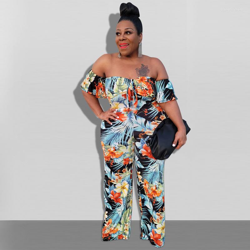 

Pants Plus Size Women's Jumpsuit 2023 Autumn Temperament And Fashion One Word Neck Printed Ladies Clothing XL-5XL Loose, No.1
