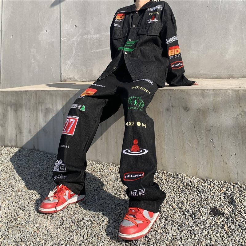 Jeans da uomo in stile americano di grandi dimensioni di jeans stampato di grandi dimensioni uomini sciolti di pantaloni hiphop dritti coppia di per