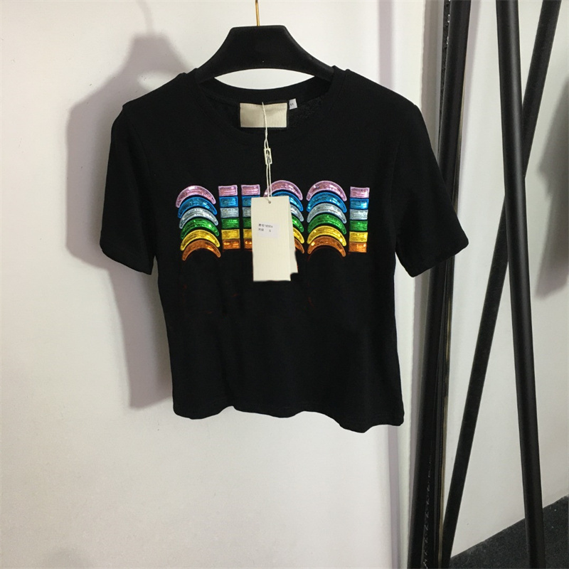 

Women' T-Shirt Short Sleeve Designer Colorful Sequin Embroidered T-Shirt Women' Summer Loose Crew Neck Burst Style Short Sleeve Top, Beige