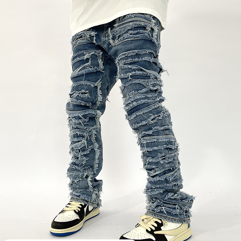 

Men's Jeans Retro Hole Ripped Distressed for Men Straight Washed Harajuku Hip Hop Loose Denim Trousers Vibe Style Casual Jean Pants 230419, Blue