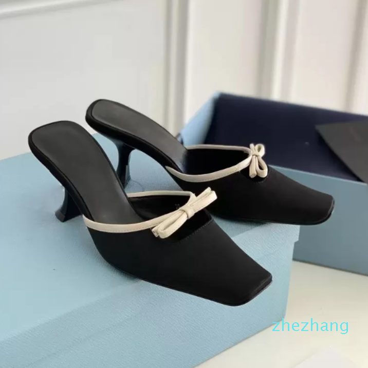 

Designer-Bow knot square head women's thin heel slippers European and American 6cm comfortable black silk Baotou sandals slippers
